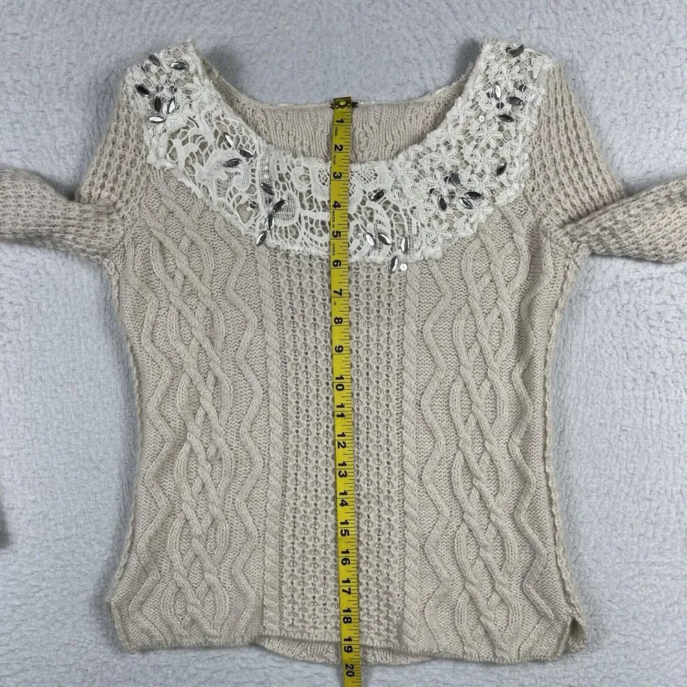 Free People Sweater Womens XS‎ Cream Cable Knit Lace Embellished Scoop Neck